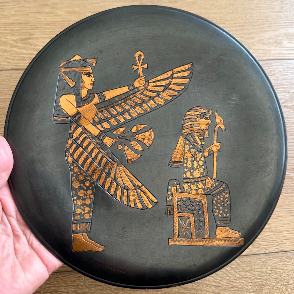 Vintage Egyptian Copper Wall Art Plate Winged Isis Pharaoh Black Etched 8 Inch
